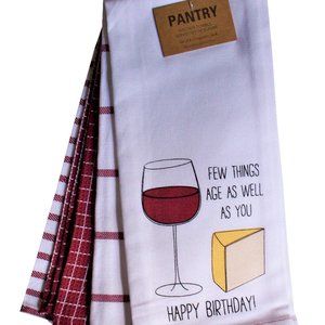 4 Pc. Kitchen Towel Set Few Things Age As Well As You Wine Cheese Happy Birthday
